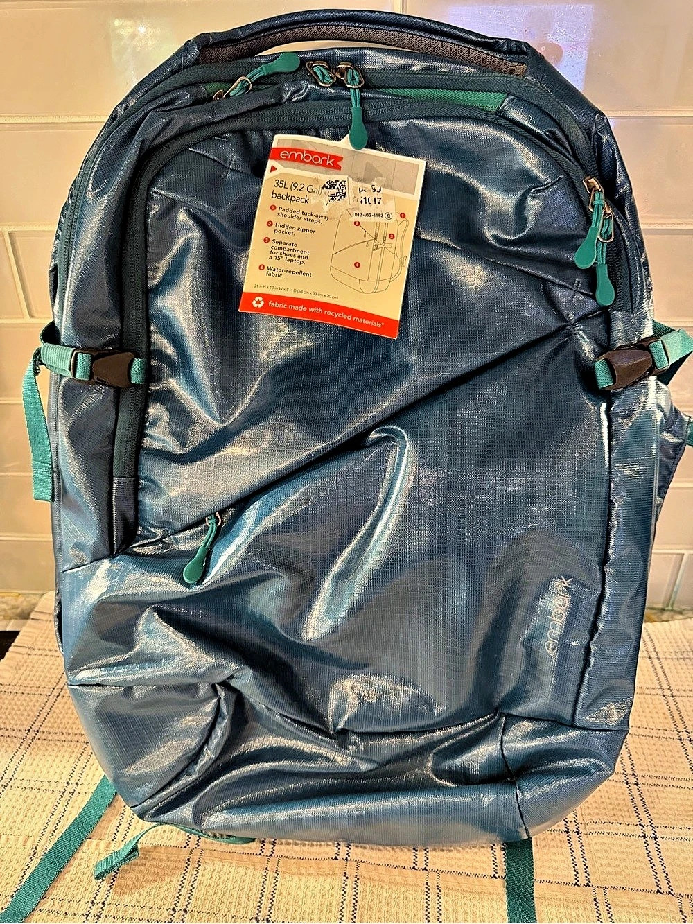 NWT Embark 35L Travel Backpack Blue Teal Laptop Compartment Water Repellent NWT